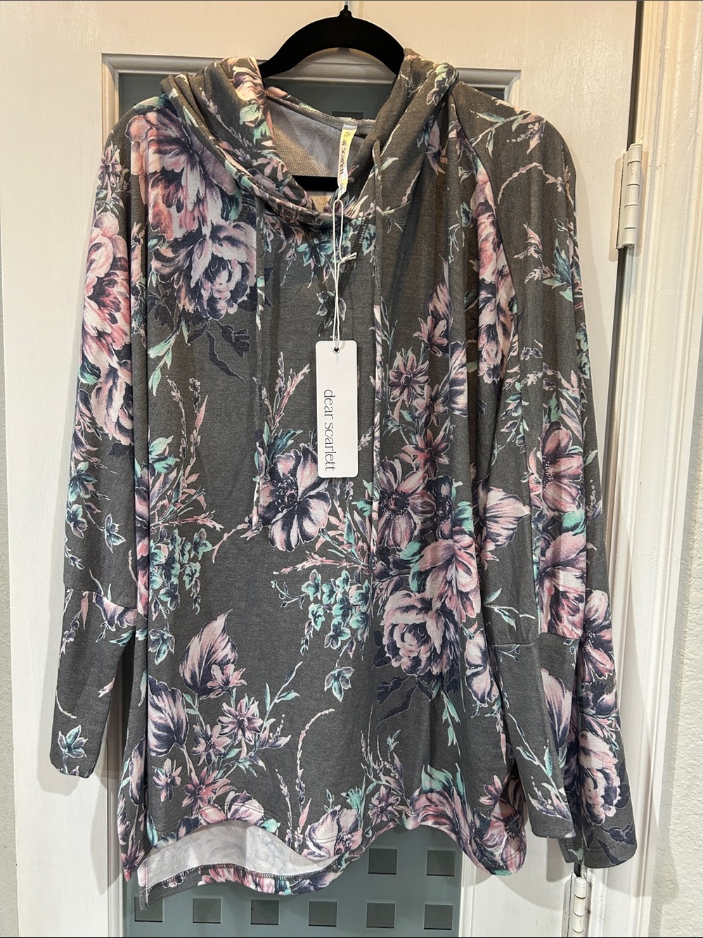 Dear Scarlett Charcoal Floral Hooded Pullover in Pink and Mint